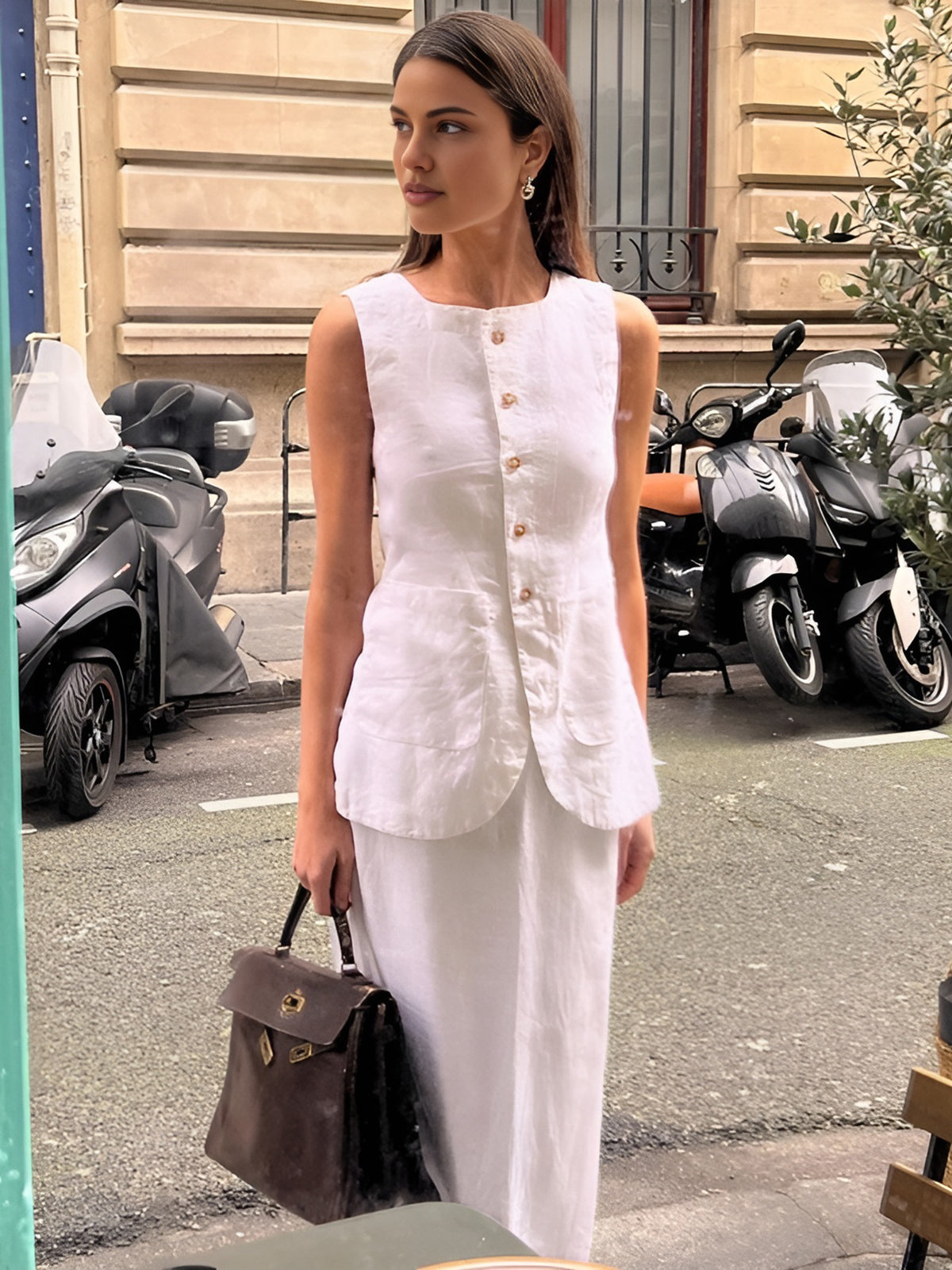 Xiomara - Conjunto Falda Cuello Cuadrado Blanco Chic