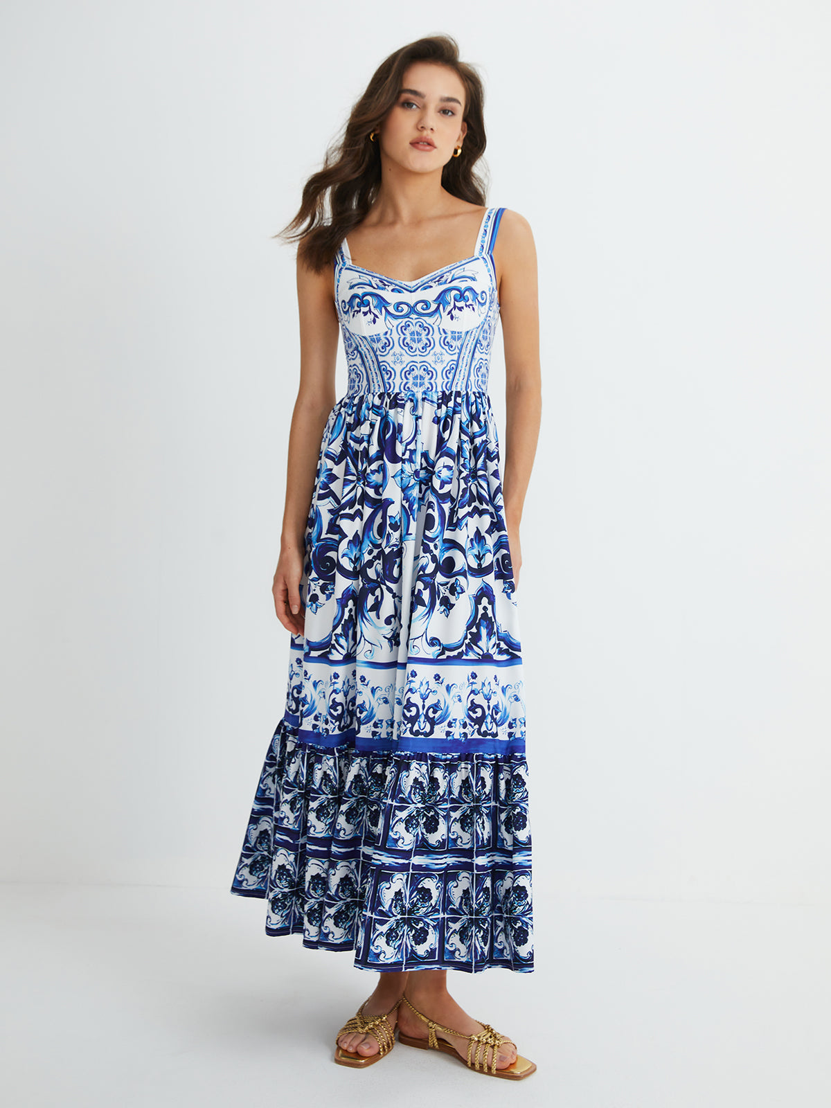Jessia - Vestido largo plisado con tirantes estampados