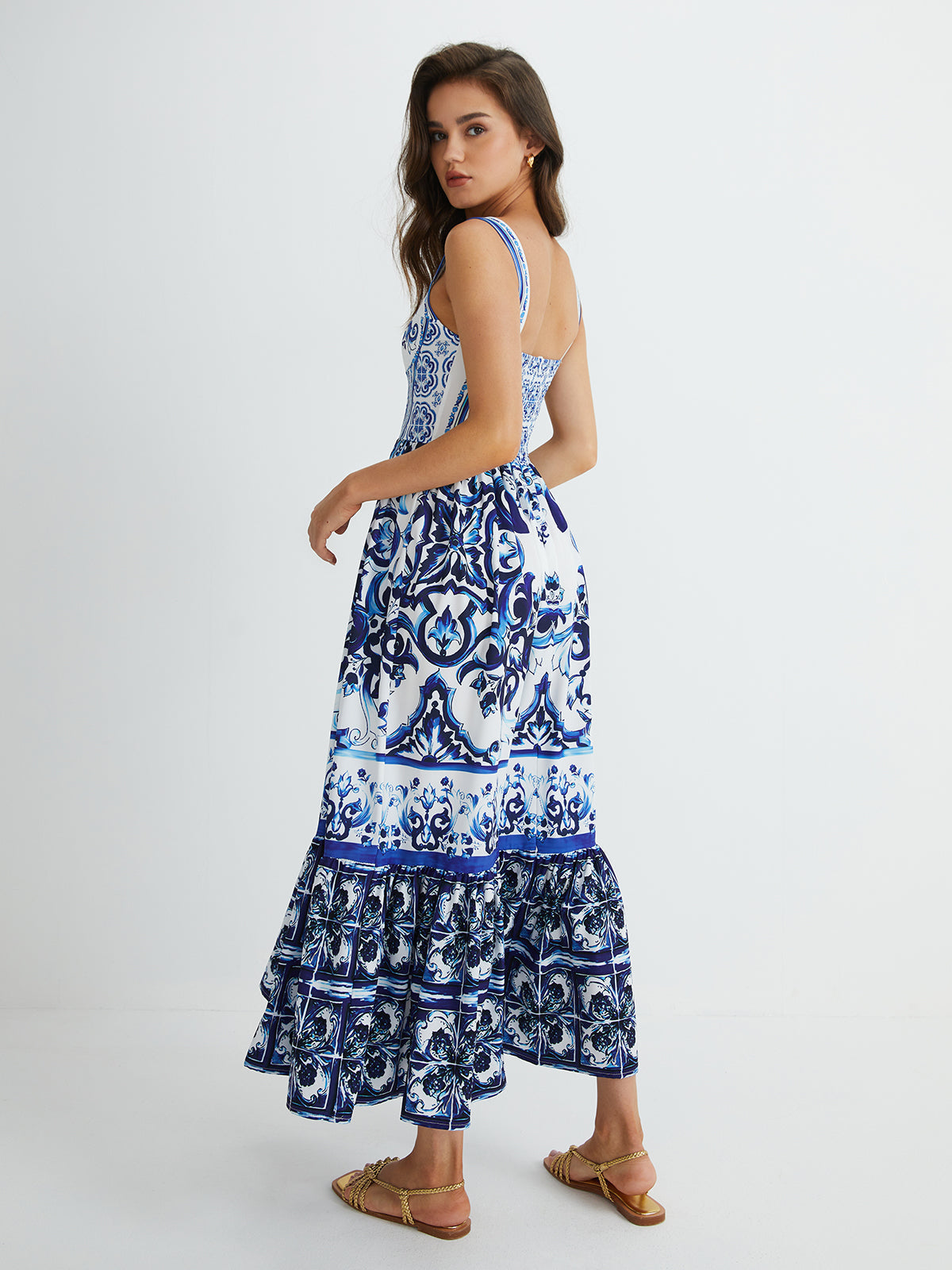 Jessia - Vestido largo plisado con tirantes estampados