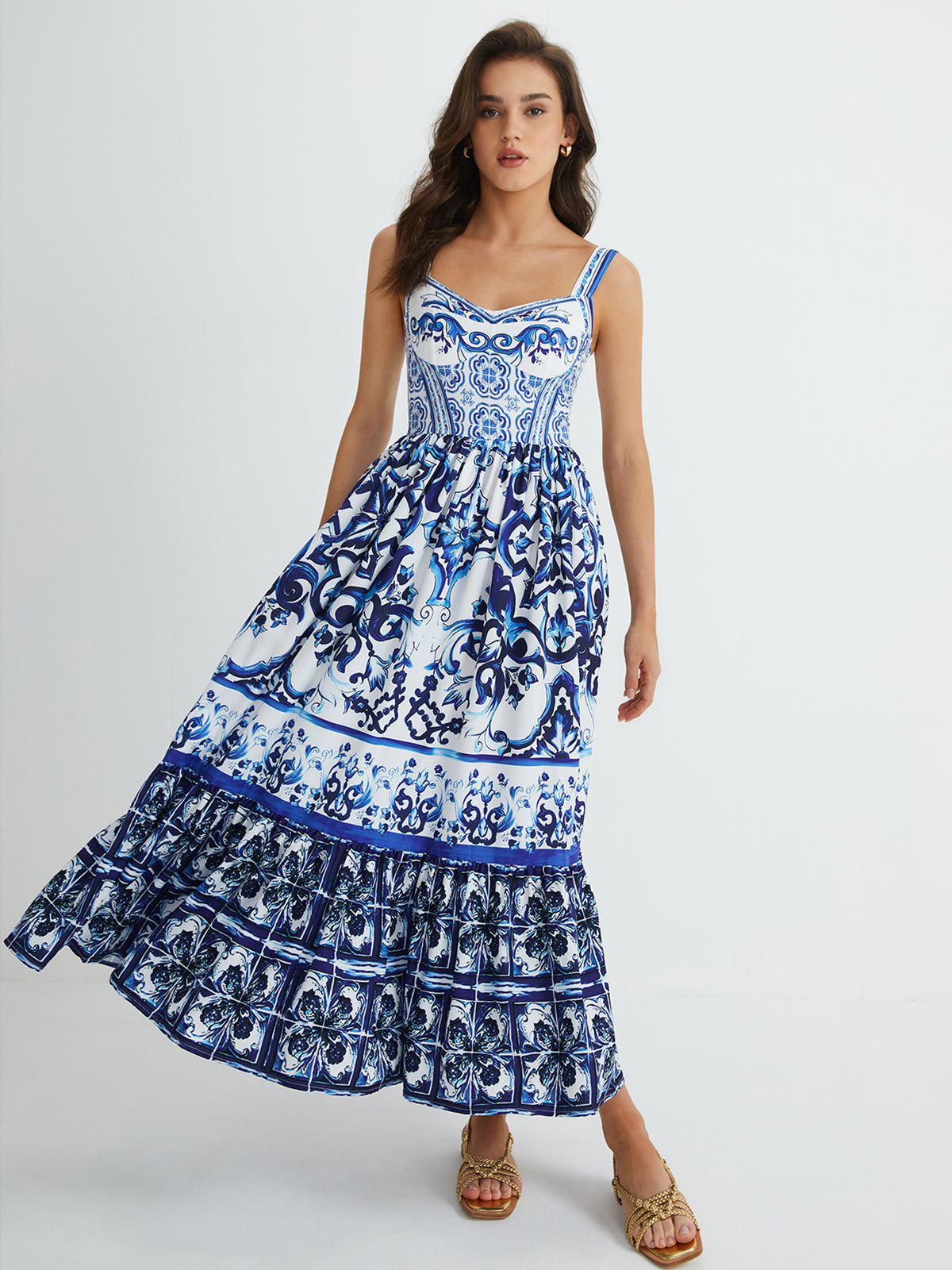 Jessia - Vestido largo plisado con tirantes estampados