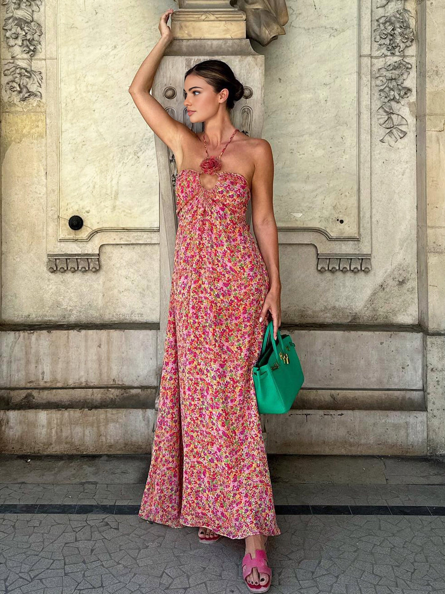 Emine - Boho Floral Halter Vestido Largo