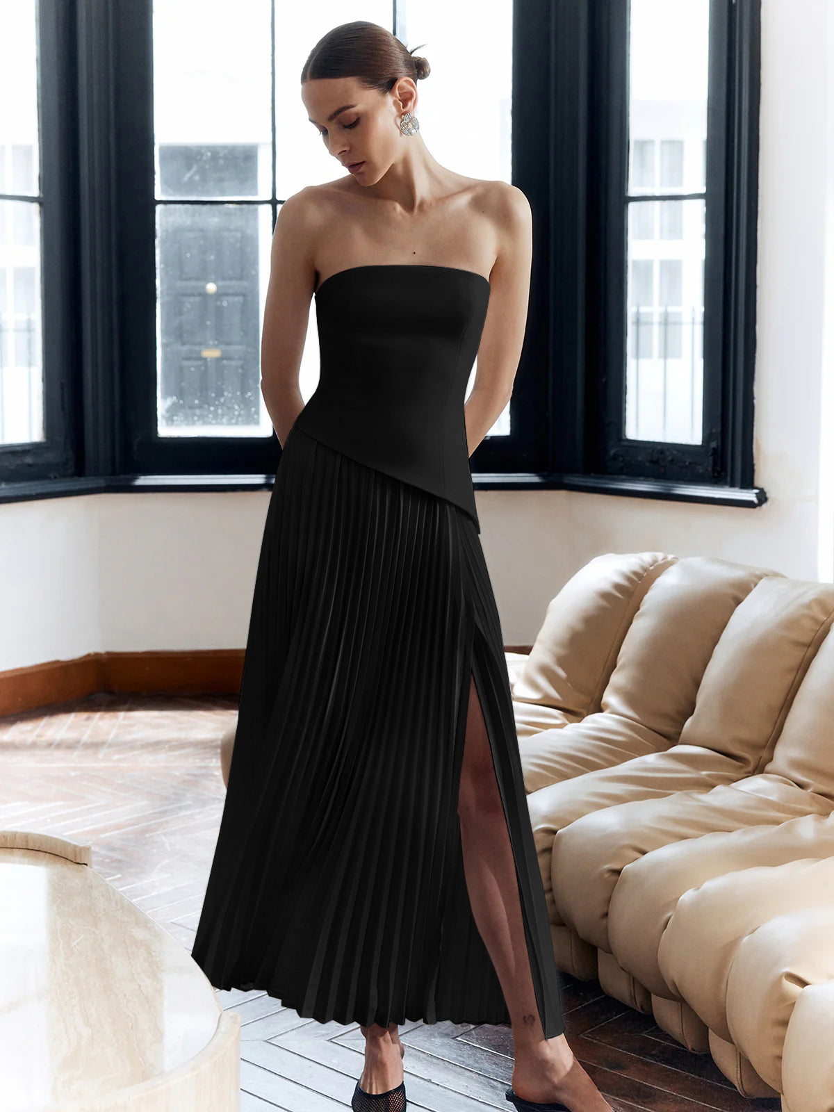 Charlotte - Vestido plisado sin tirantes con escote palabra de honor