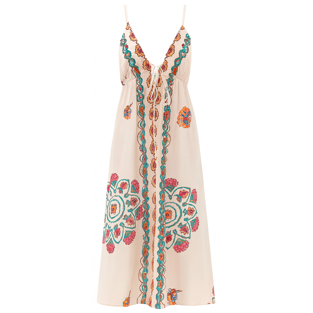 Vestido largo escote halter bordado floral - Elara
