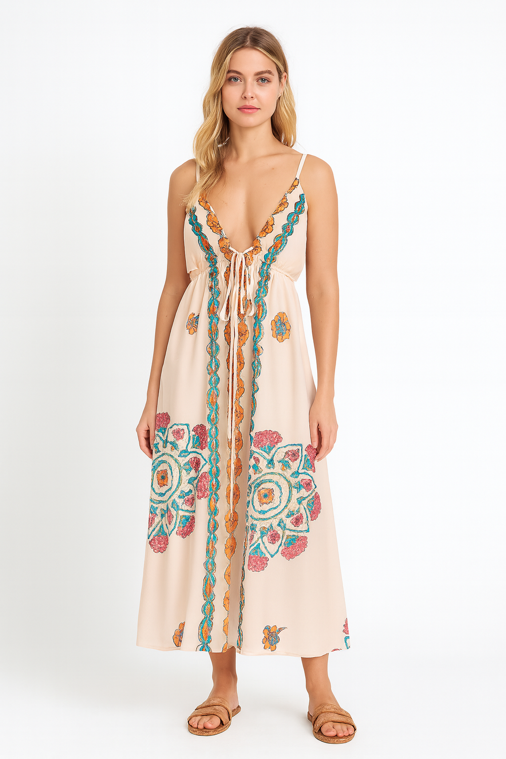 Vestido largo escote halter bordado floral - Elara