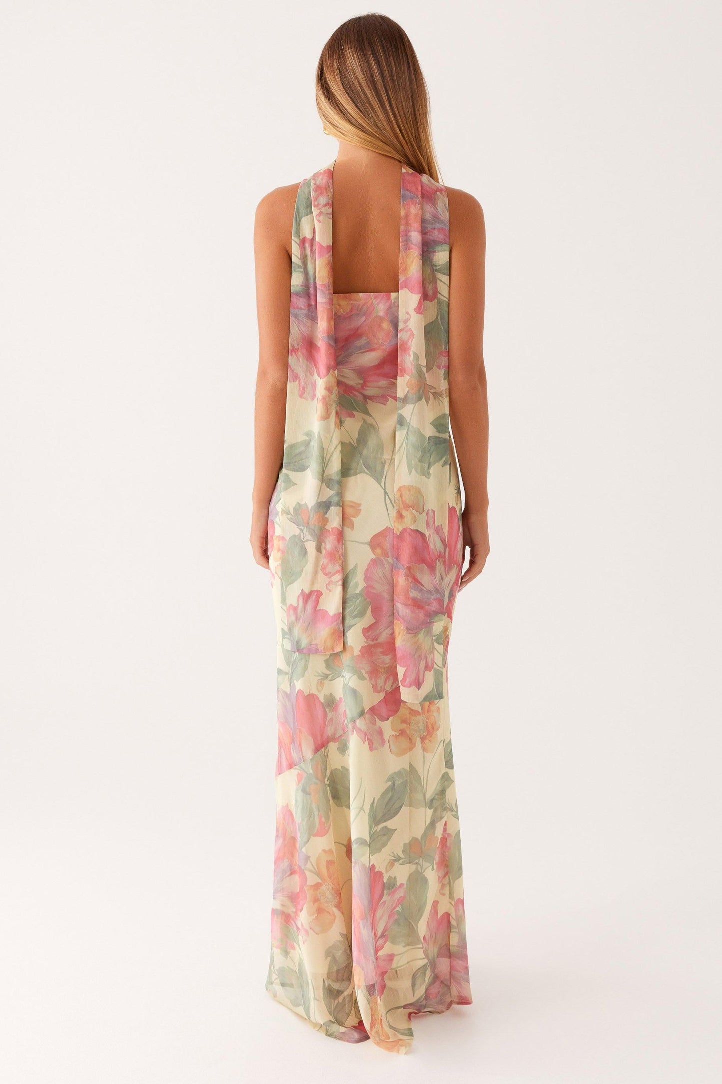 Camila - Vestido Largo Strapless de Gasa con Estampado Floral