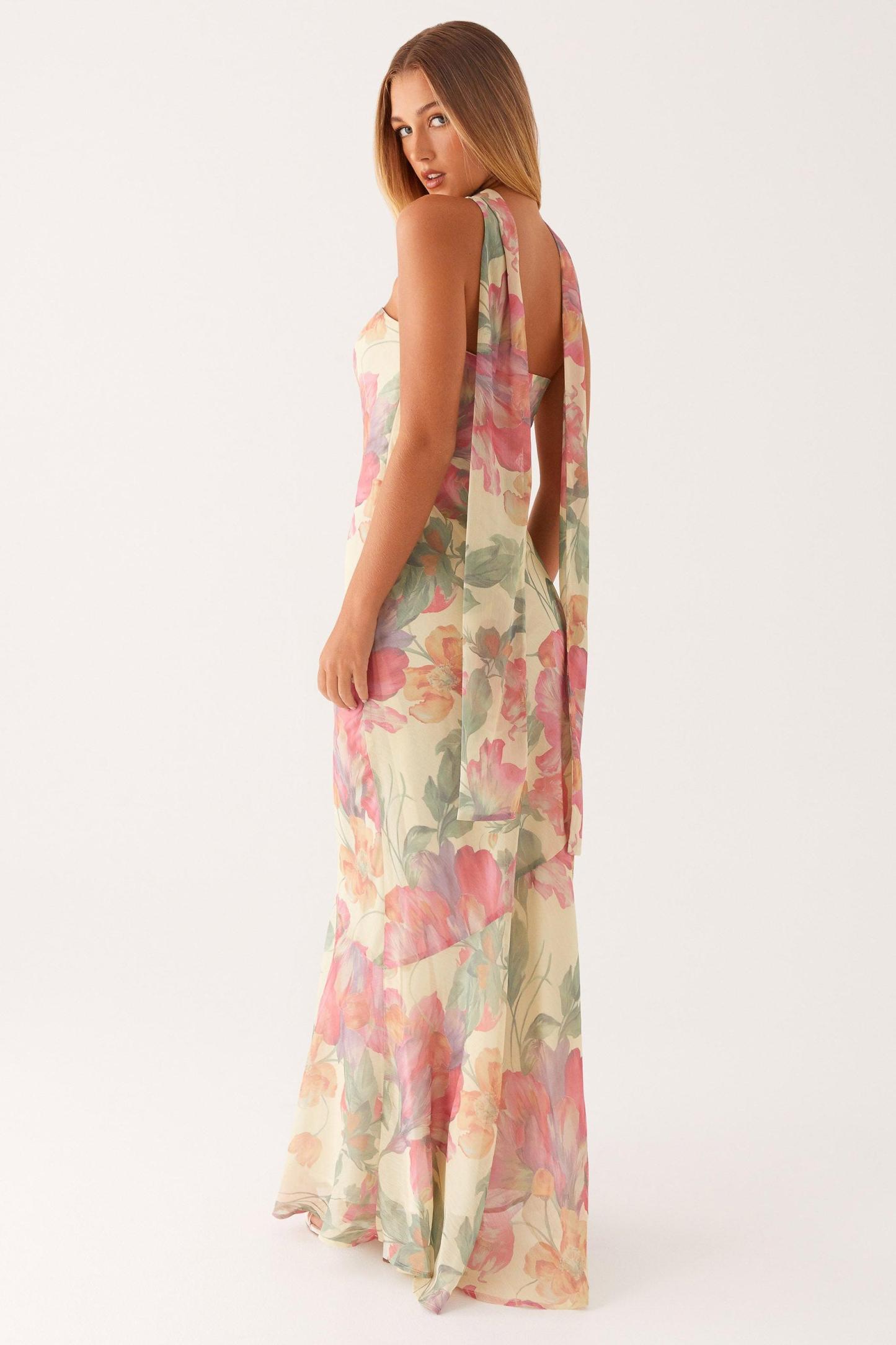 Camila - Vestido Largo Strapless de Gasa con Estampado Floral