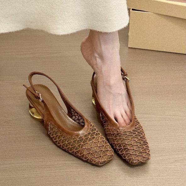 Zapatos destalonados para mujer tejido calado con tacón dorado - Aurelia