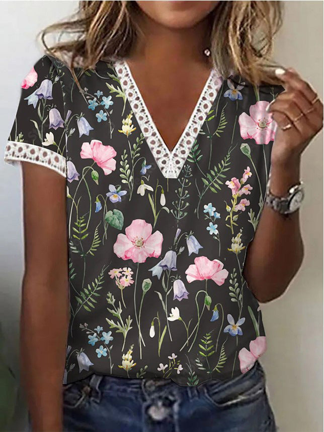 Sherly - Camiseta Elagant de manga corta y cuello en pico estampado para mujer