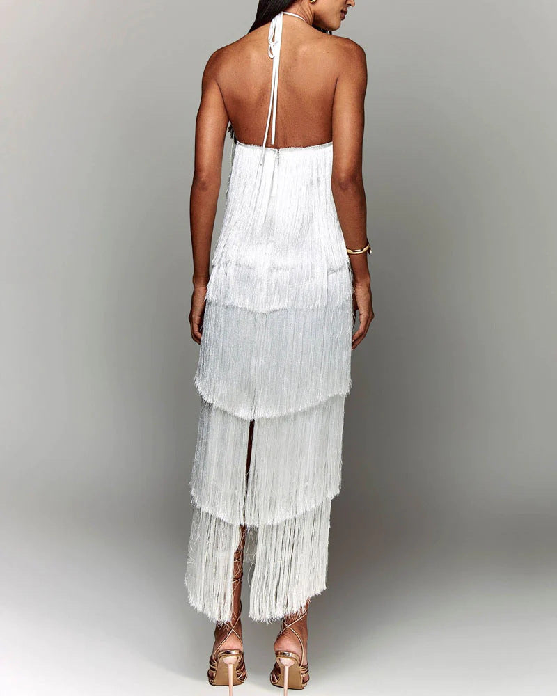 Adeline - Vestido halter de borlas con espalda descubierta