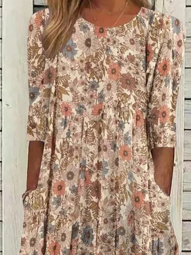 Sarina - Vestido Bohemio Con Cuello Redondo Vestido Suelto Casual Con Bolsillos Para Mujer