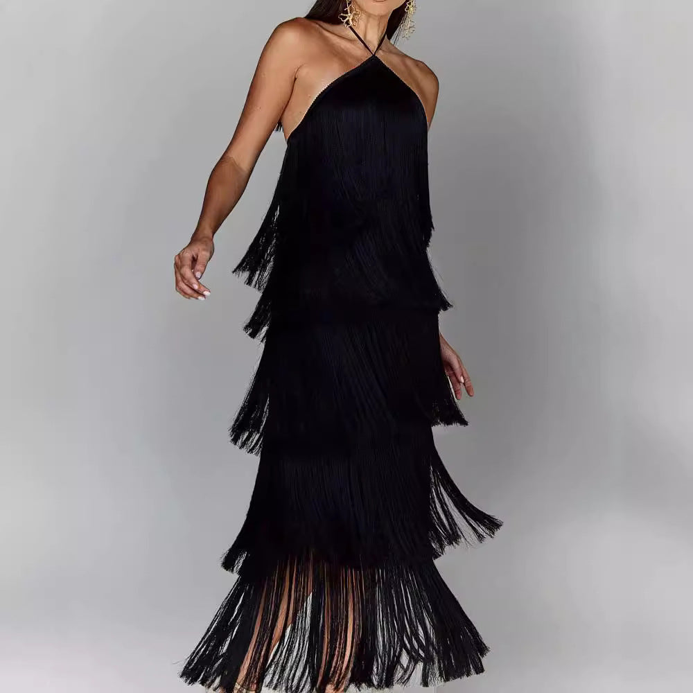 Adeline - Vestido halter de borlas con espalda descubierta