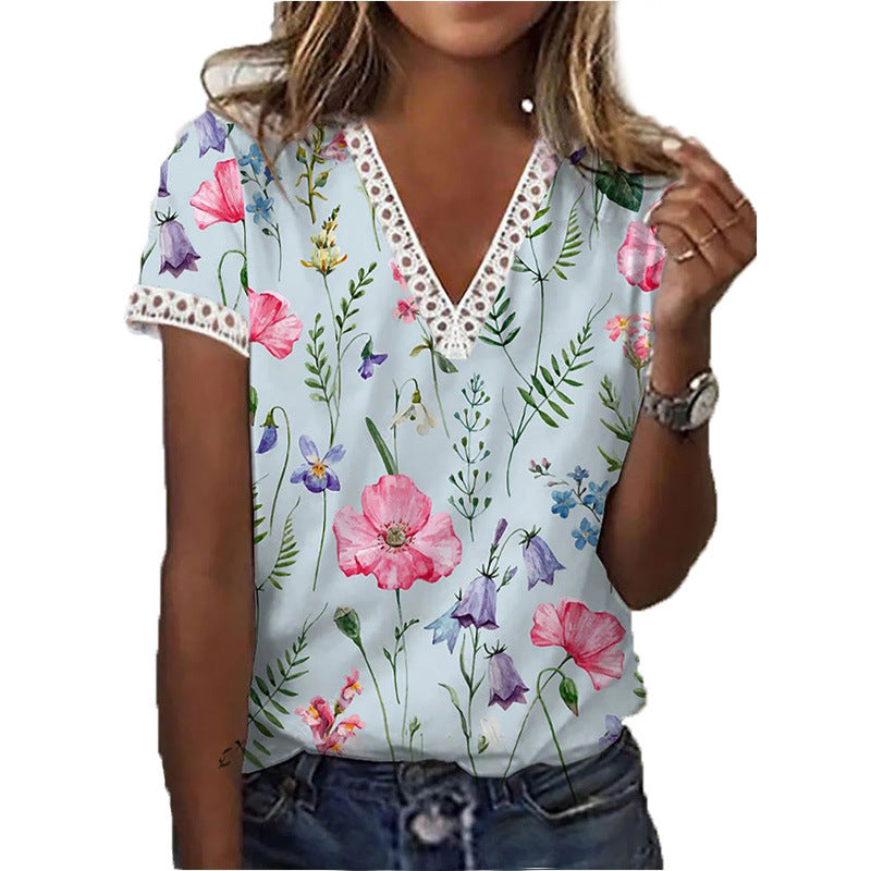 Sherly - Camiseta Elagant de manga corta y cuello en pico estampado para mujer