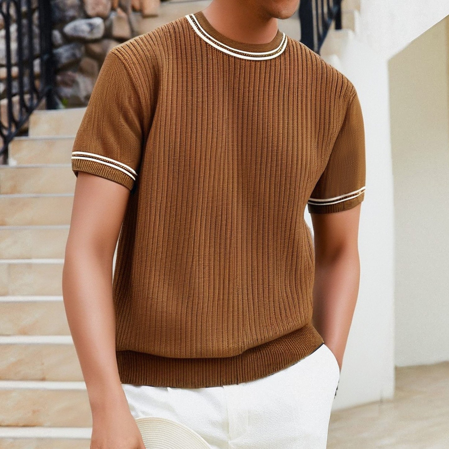 Camiseta para hombre de punto acanalado cuello redondo estilo casual - Elías