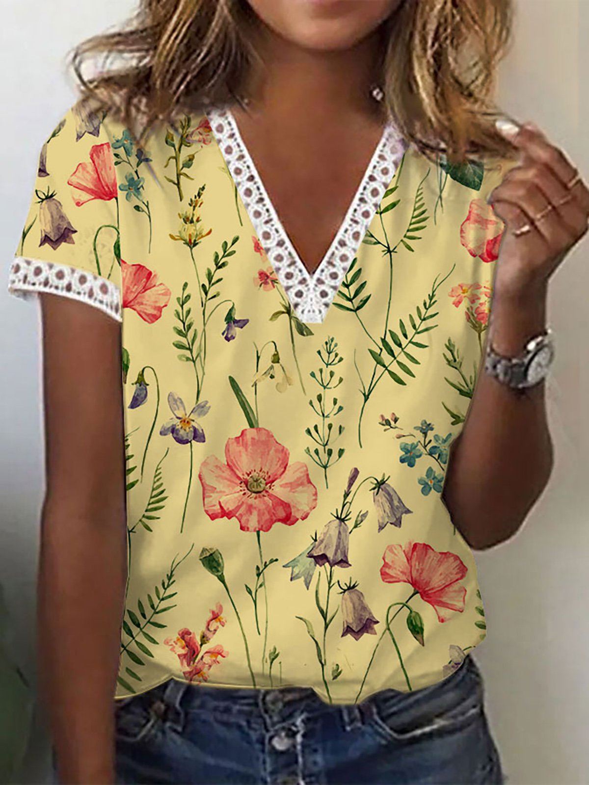 Sherly - Camiseta Elagant de manga corta y cuello en pico estampado para mujer