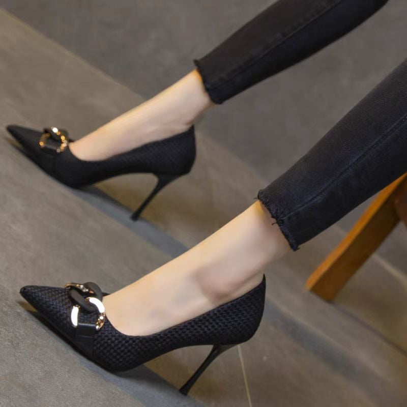 Zapatos de tacón para mujer de textura tejida adorno metálico elegante - Mireille
