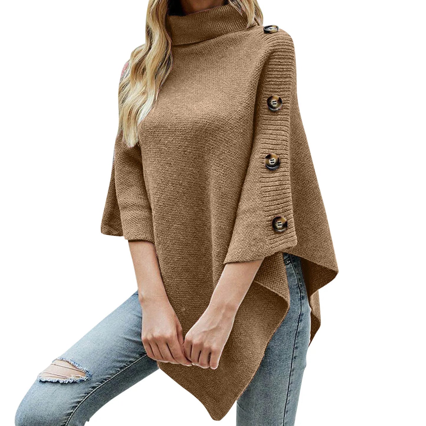 Andrea - Poncho con cuello alto y tapeta de botones lateral