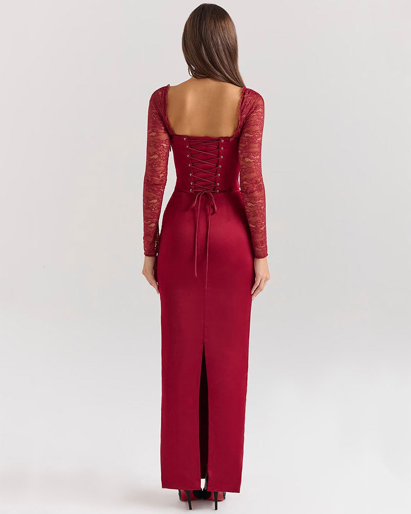 Florence - Vestido largo de manga larga en rojo vino con encaje