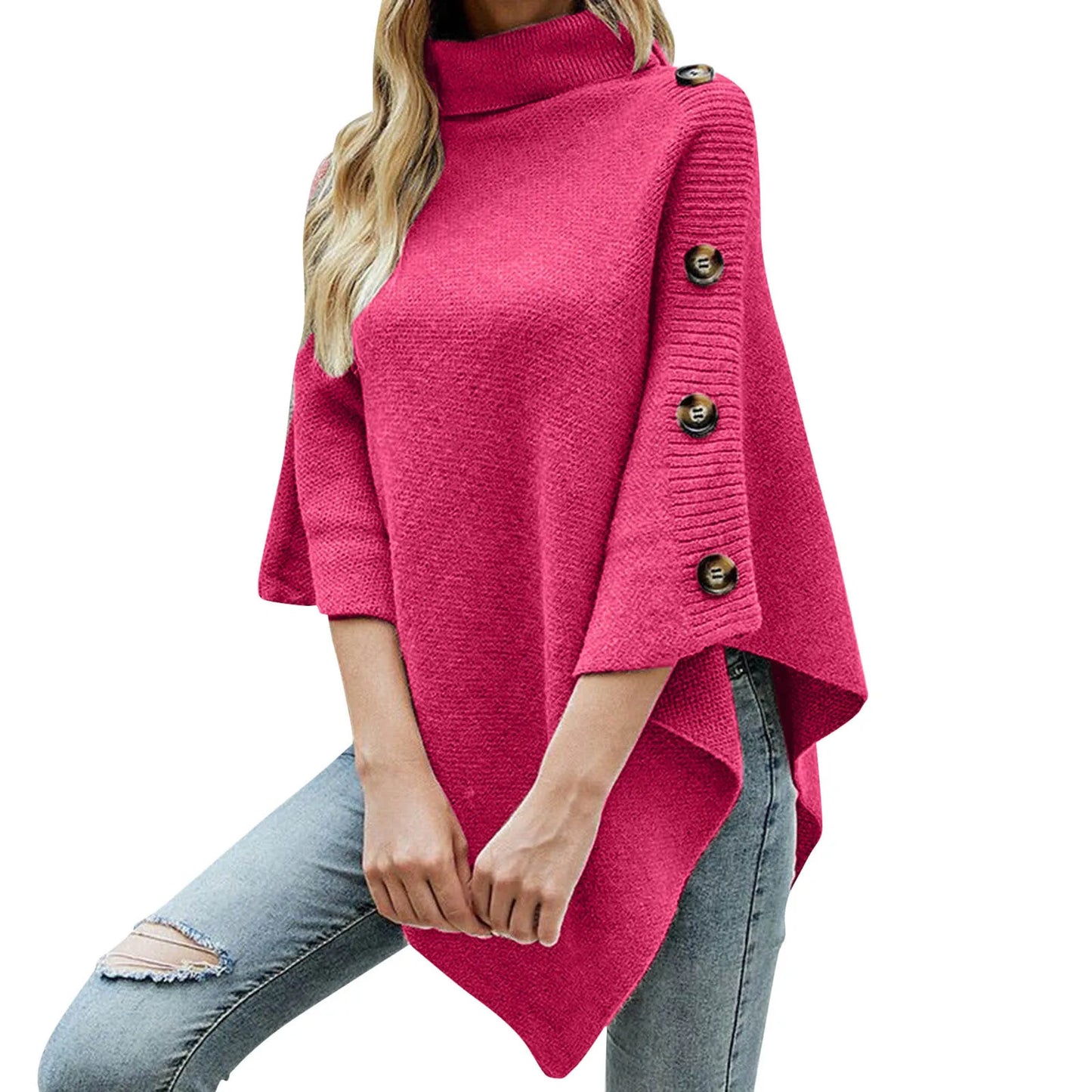Andrea - Poncho con cuello alto y tapeta de botones lateral