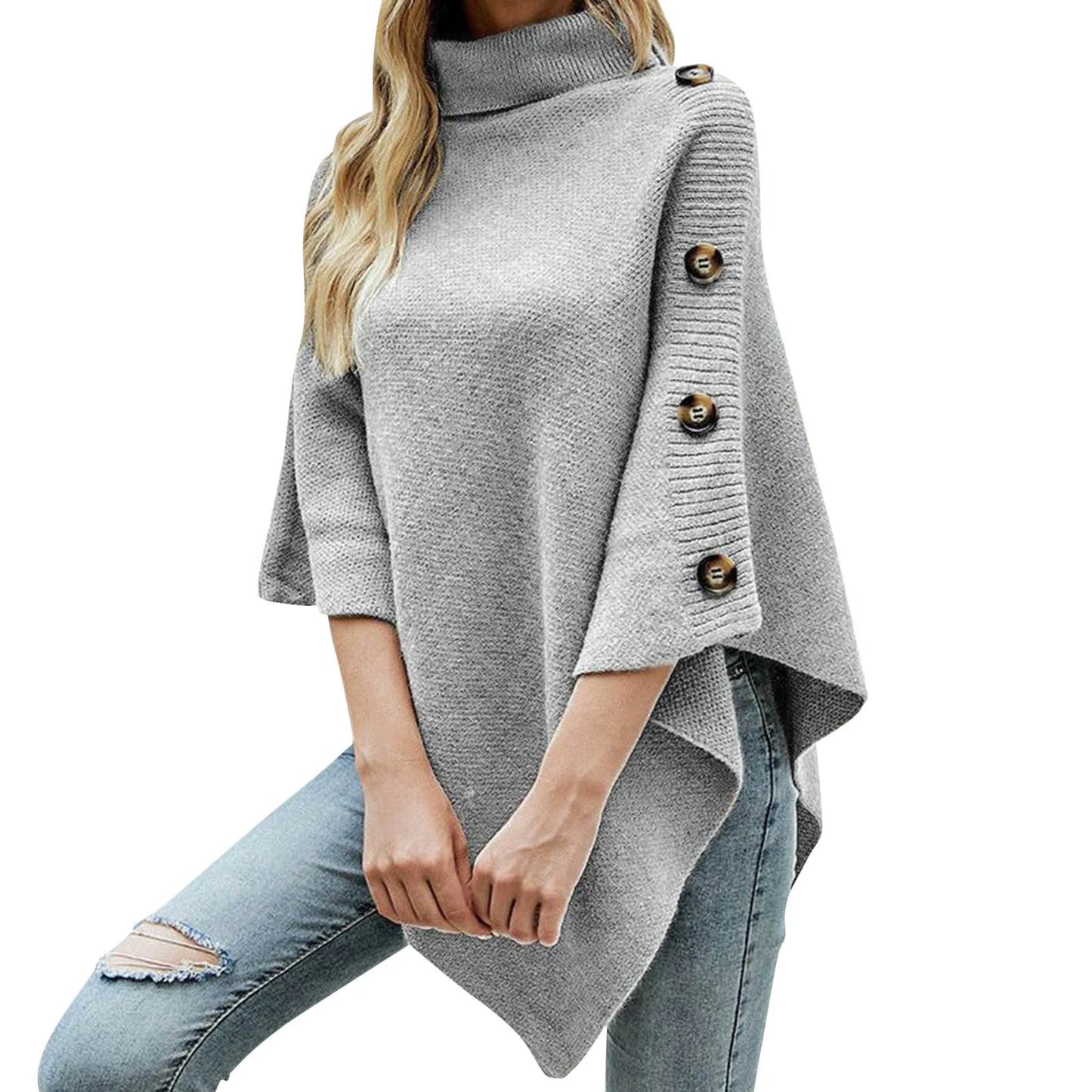 Andrea - Poncho con cuello alto y tapeta de botones lateral