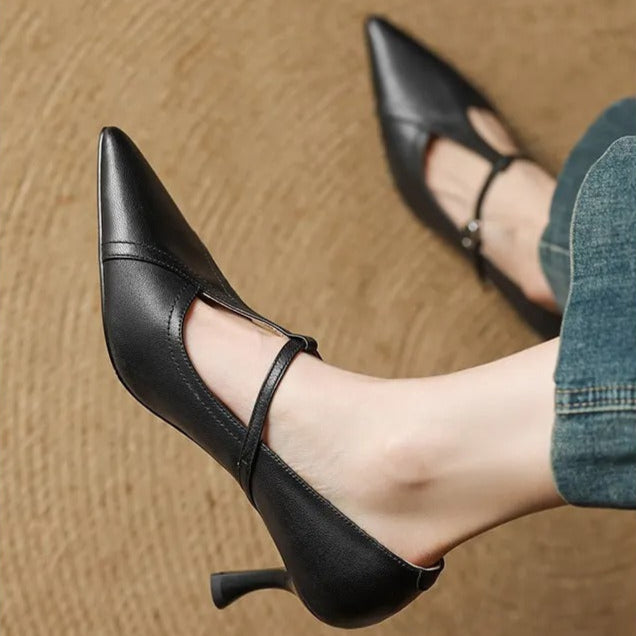 Zapatos de tacón para mujer diseño T-bar elegante acabado liso - Celestine