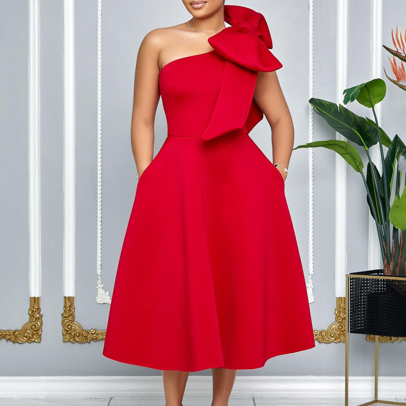 Vestido midi mujer con lazo en un hombro estilo elegante - Mireya