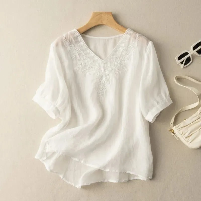 Blusa mujer cuello V bordado lino estilo bohemio marrón - Natalia