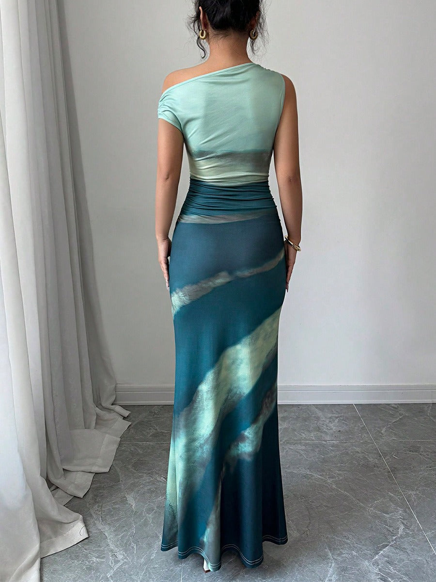 Vestido largo mujer efecto tie-dye hombro asimétrico - Natalia
