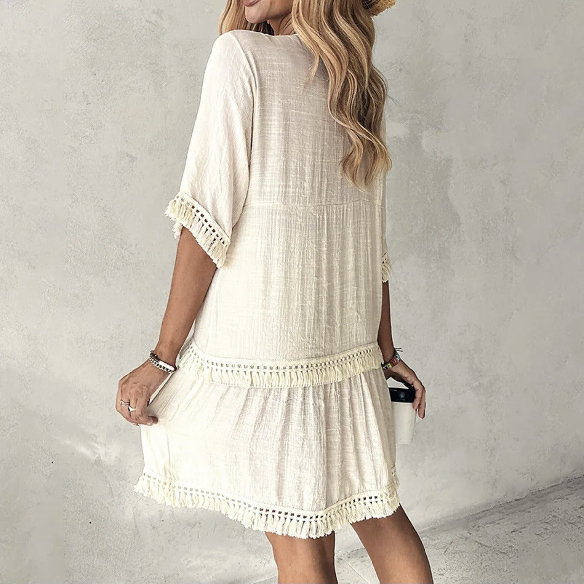 Vestido mujer bohemio bordado con borlas blanco marfil - Isadora