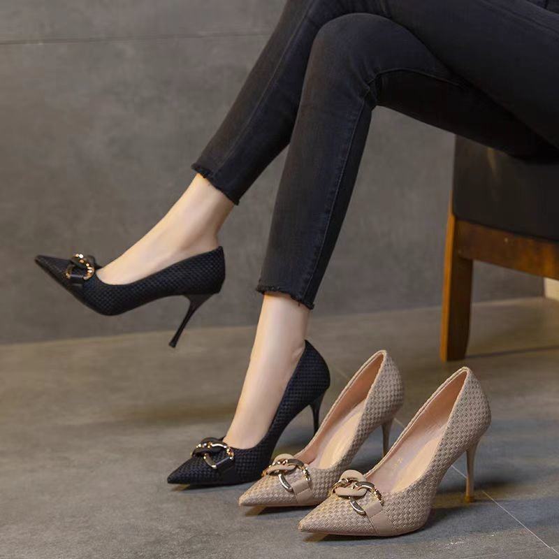 Zapatos de tacón para mujer de textura tejida adorno metálico elegante - Mireille