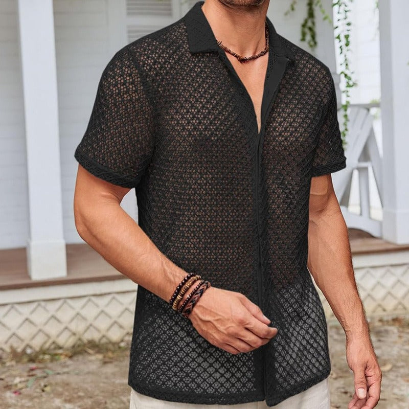 Camisa para hombre de tejido calado de manga corta con estilo veraniego - Marco