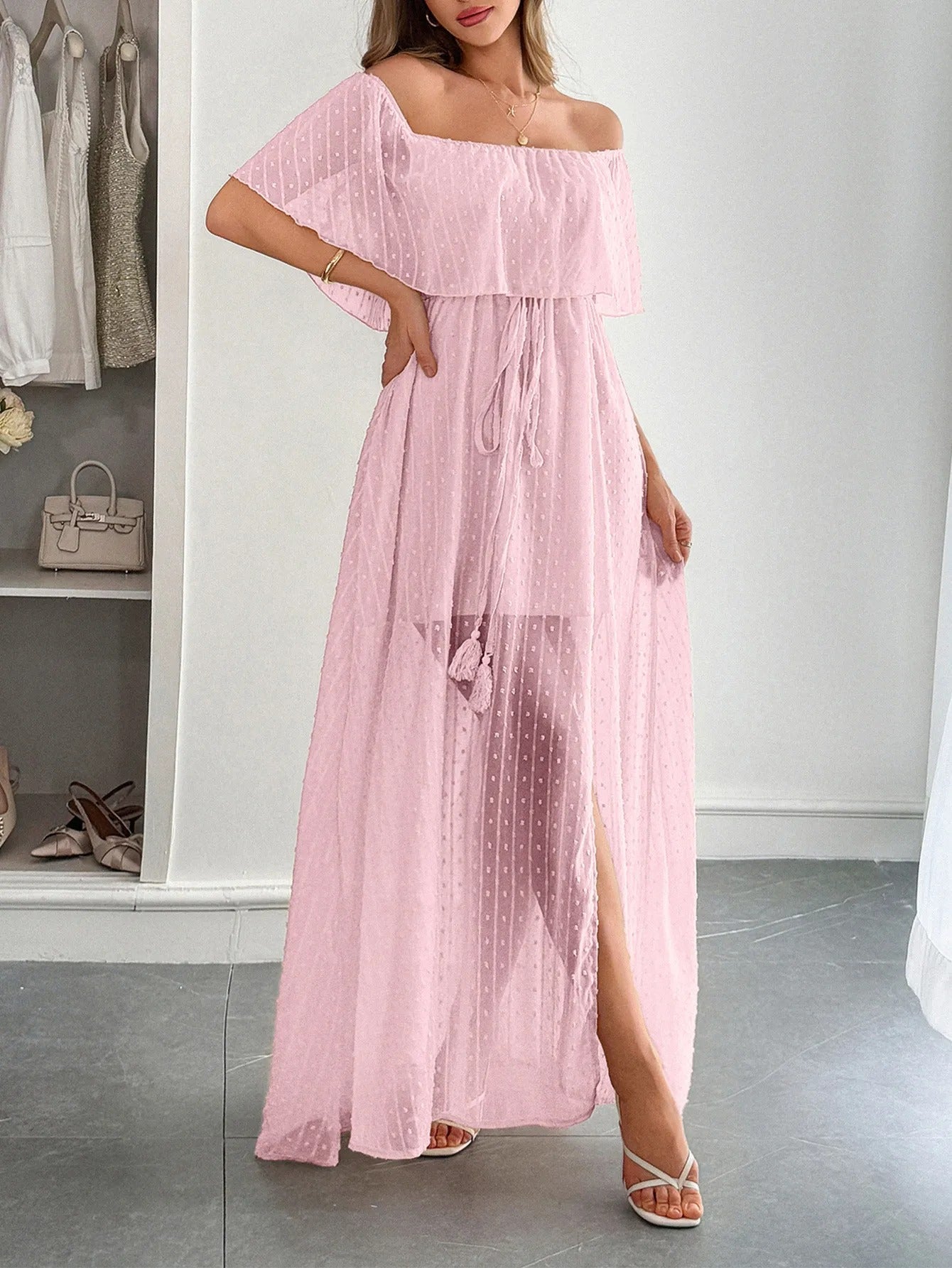 Vestido largo mujer gasa plumeti escote bardot - Julieta