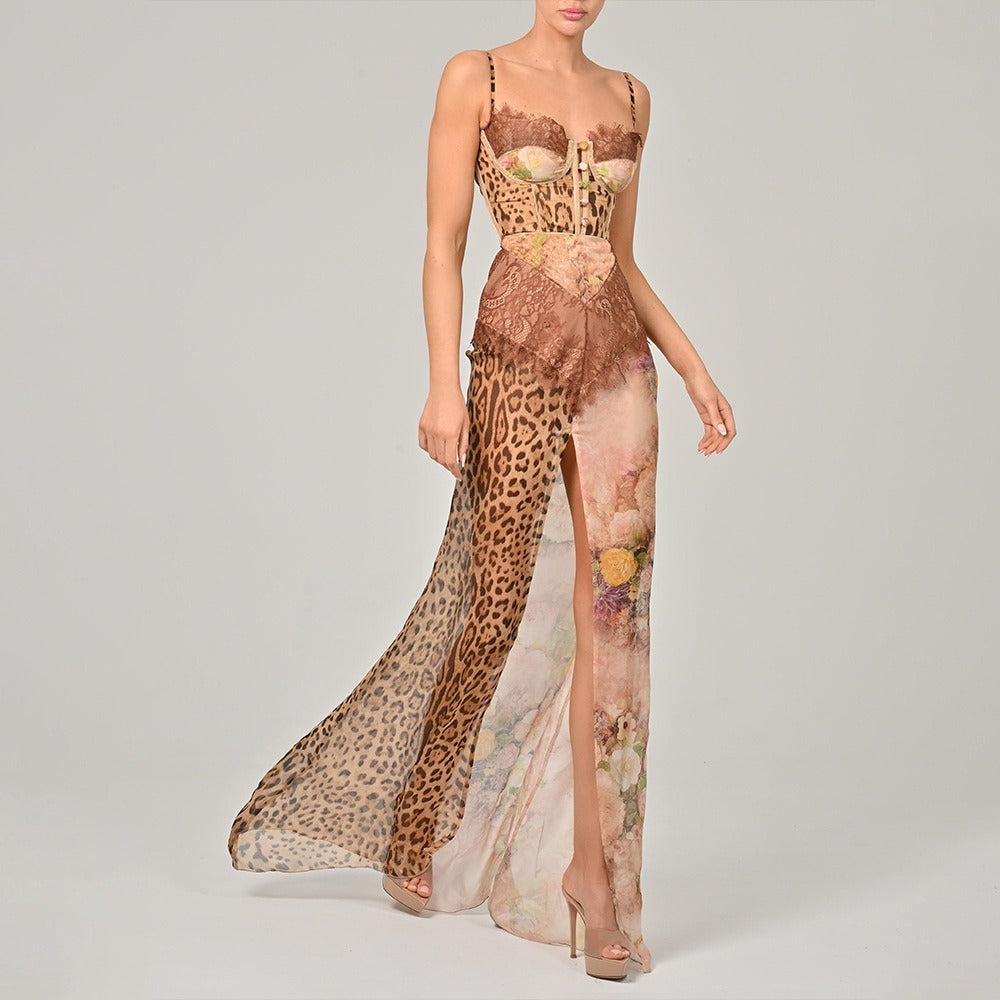 Vestido asimétrico mujer encaje y gasa estampada - Samira