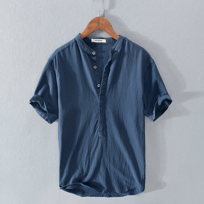 Camisa hombre estilo casual algodón lino azul cielo con botones - Elías
