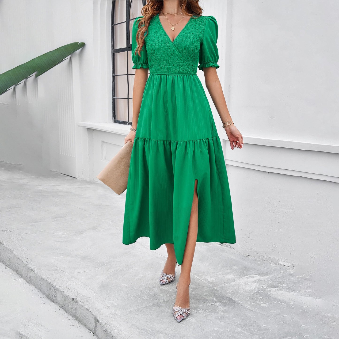 Vestido midi mujer nido de abeja escote cruzado - AmeliaV
