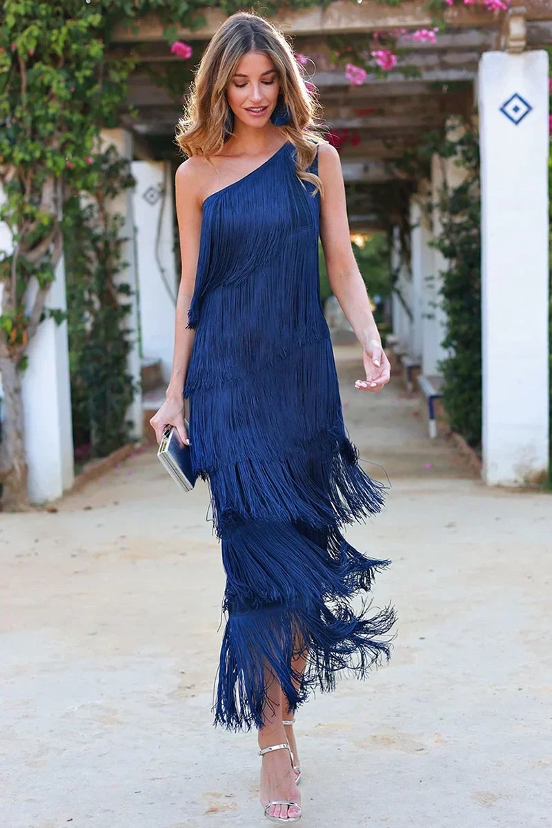 Eliza - Vestido de diseño con capas multicapa y borlas