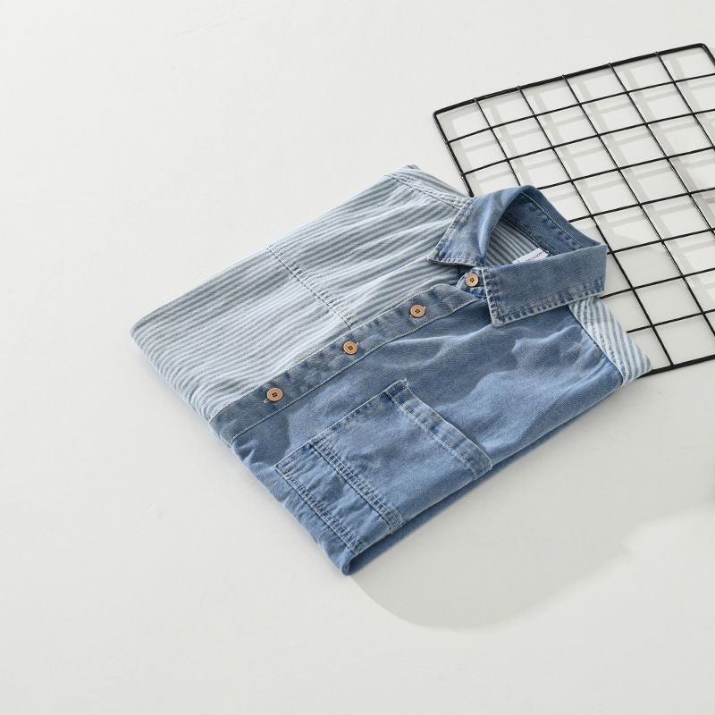 Camisa hombre denim patchwork rayas manga corta - Elías