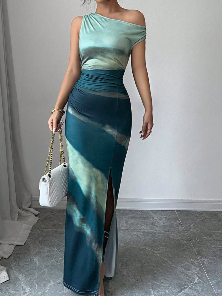 Vestido largo mujer efecto tie-dye hombro asimétrico - Natalia