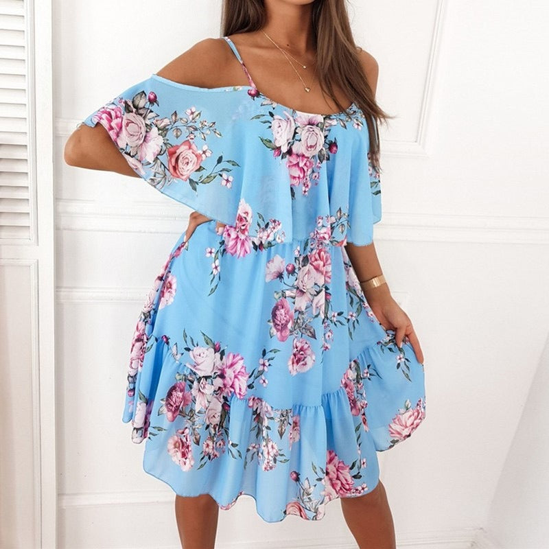 Vestido corto para mujer gasa floral con volantes y hombros descubiertos - Emilia
