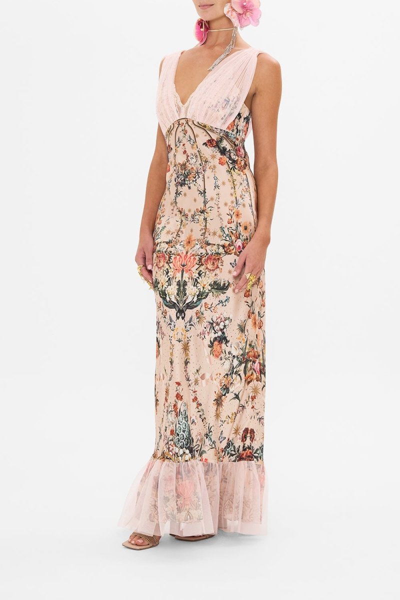 Cecy - Maxivestido con escote en pico y superposición de malla
