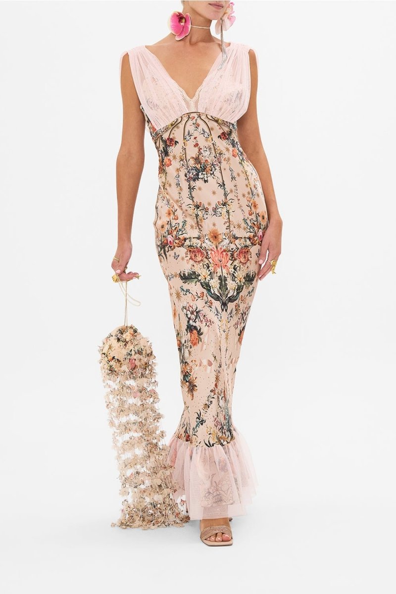 Cecy - Maxivestido con escote en pico y superposición de malla
