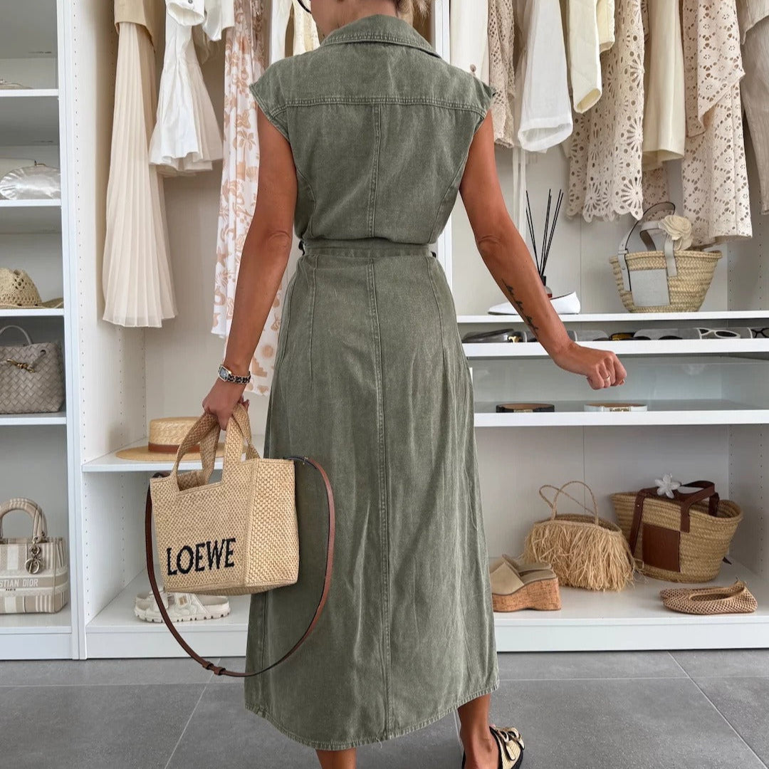 Vestido midi mujer denim sin mangas con botones y cinturón - Estelle