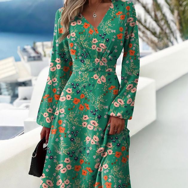 Tanschi - Vestido floral de manga media y cuello en V