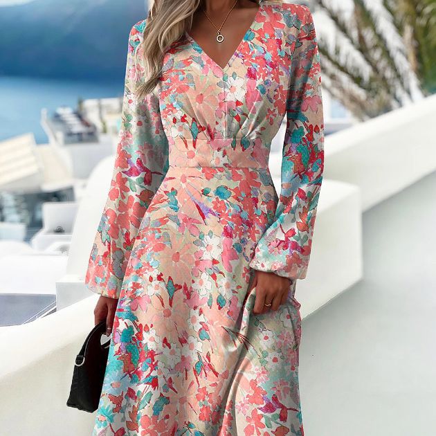 Tanschi - Vestido floral de manga media y cuello en V