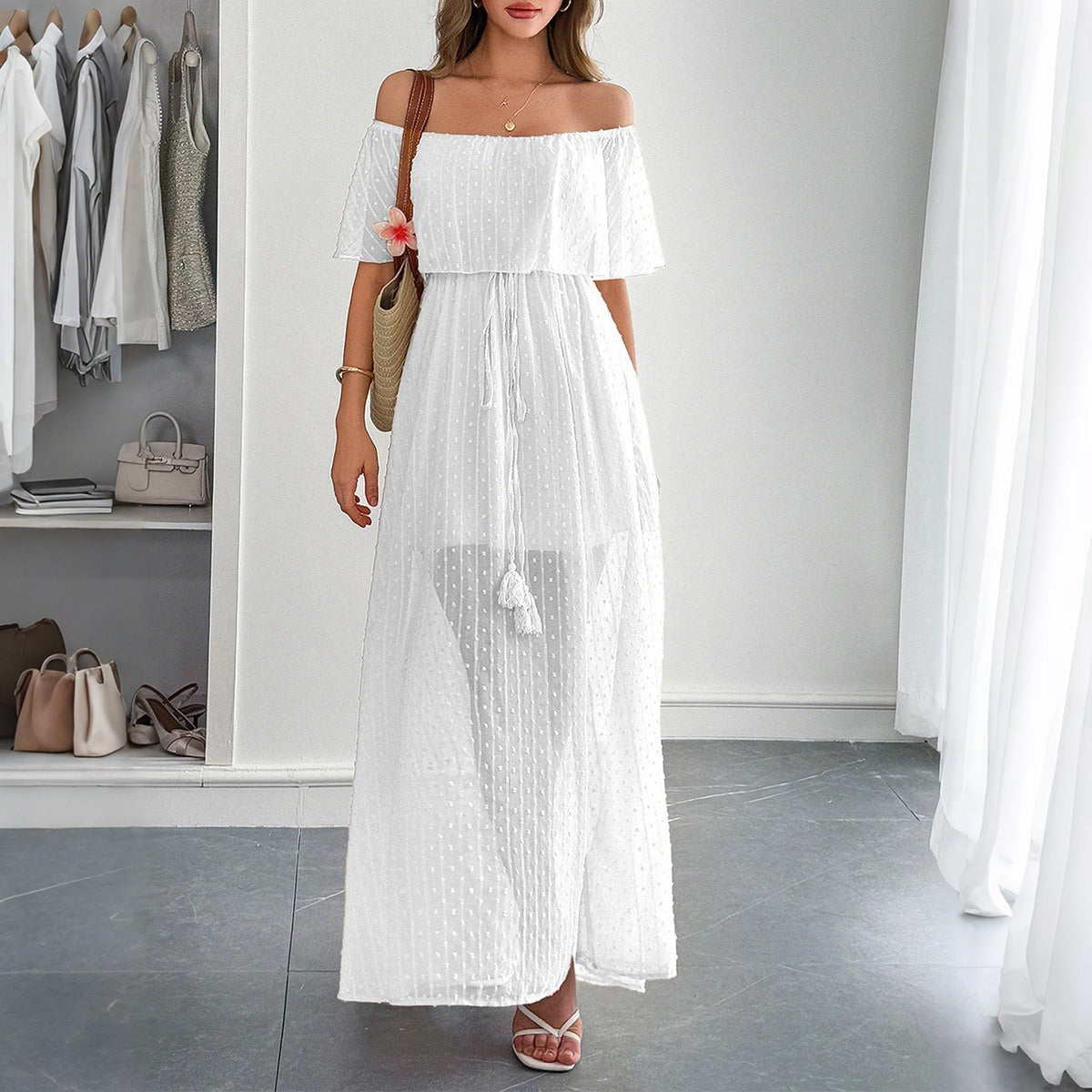 Vestido largo mujer gasa plumeti escote bardot - Julieta