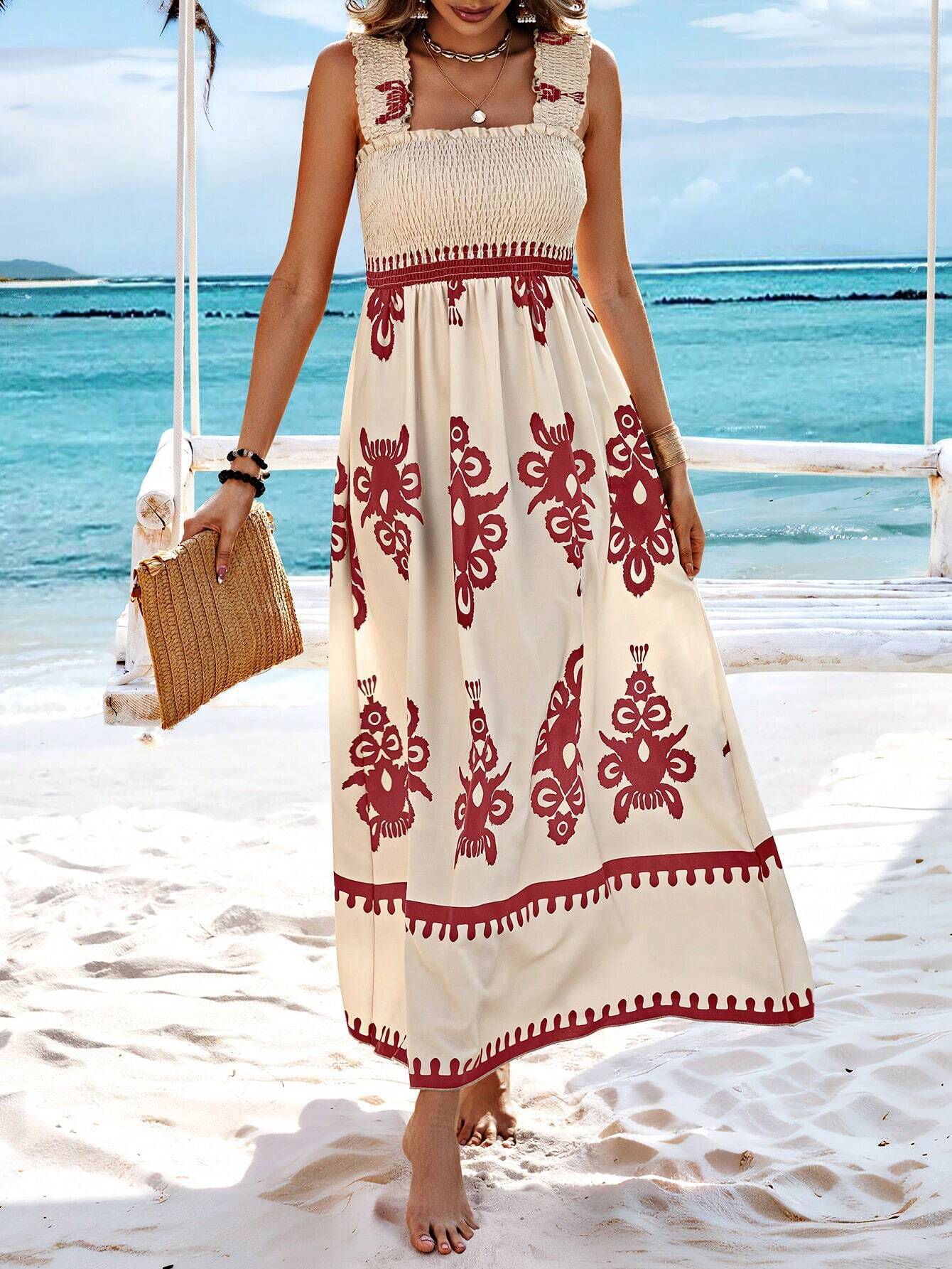 Vestido largo mujer estampado bohemio tirantes playa beige y negro - Zahara