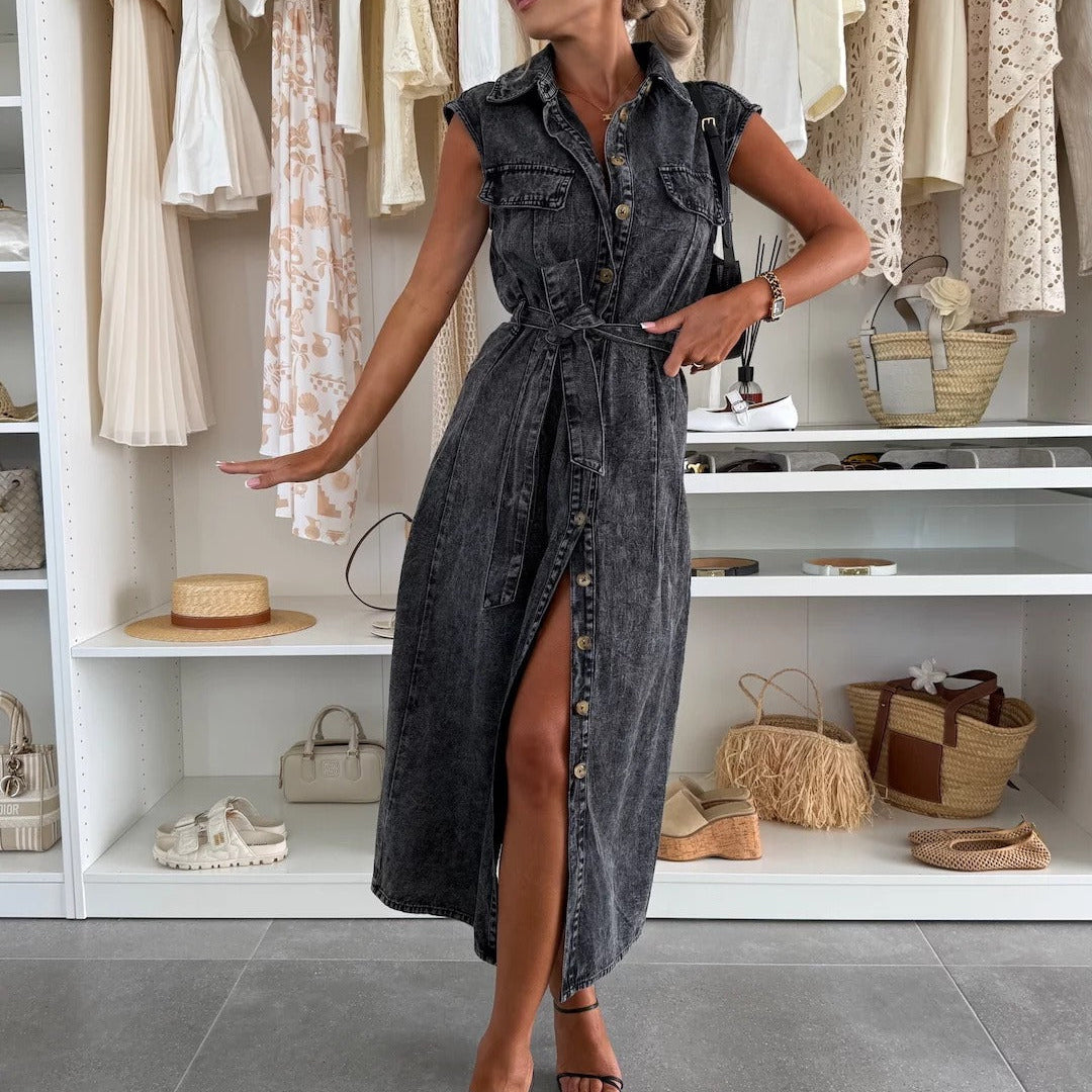 Vestido midi mujer denim sin mangas con botones y cinturón - Estelle