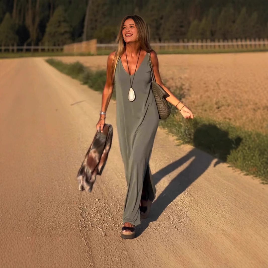 Vestido largo para mujer de tirantes fluidos estilo casual - Celina