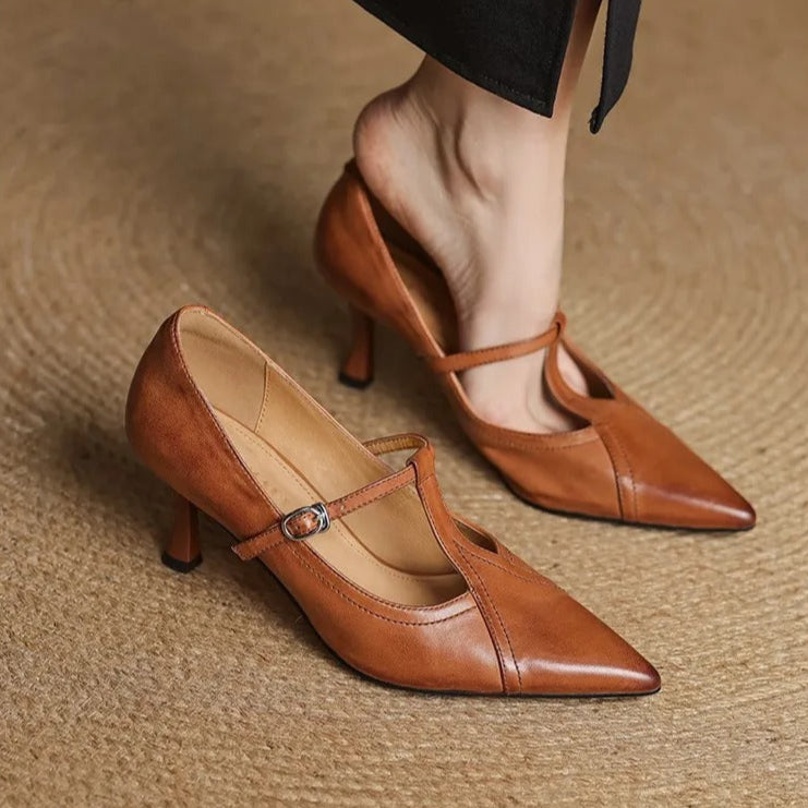 Zapatos de tacón para mujer diseño T-bar elegante acabado liso - Celestine