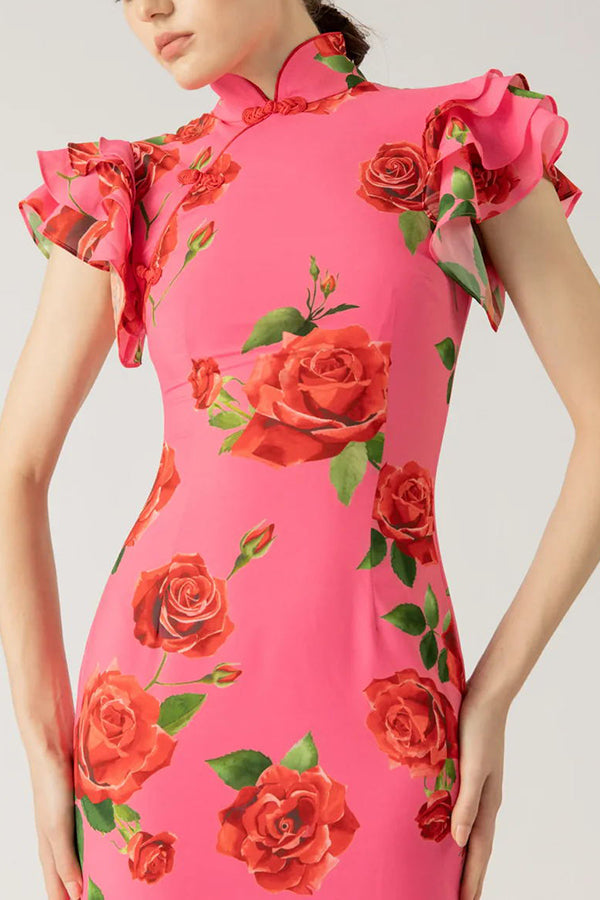 Elena - Vestido Largo con Mangas Acampanadas y Estampado Floral de Rosas