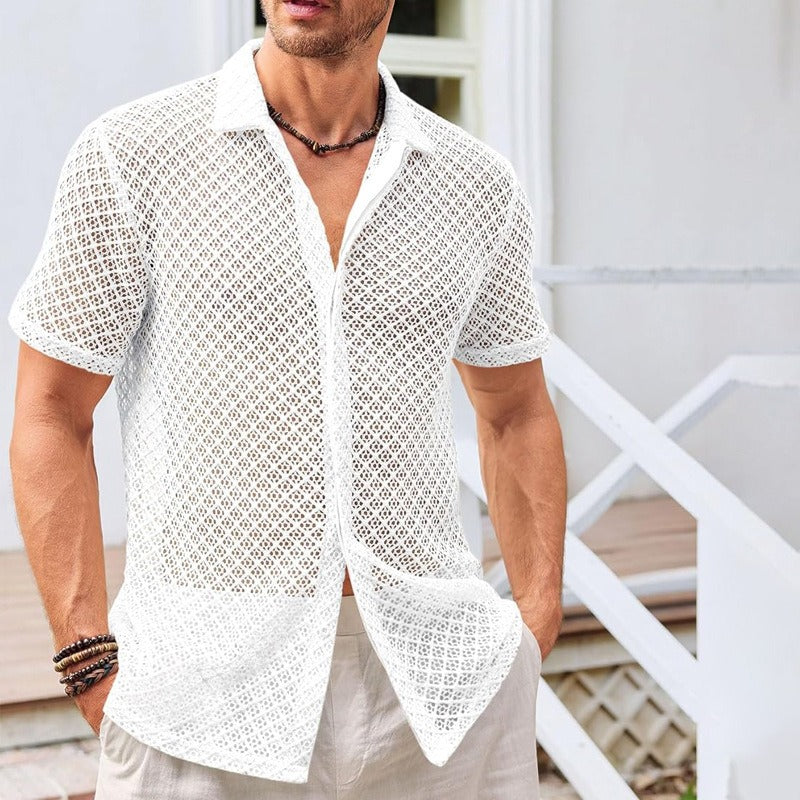 Camisa para hombre de tejido calado de manga corta con estilo veraniego - Marco